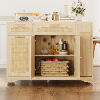 Garvee Rolling Kitchen Island Table on Wheels with Drop Leaf, Tilt Out Trash Can Cabinet, Storage Cabinet, Drawer, Spice Rack, Kitchen Cart, 53.1" Wide, Natural - color: Natural