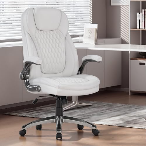 COLAMY Executive Office Chair-Ergonomic Computer Desk Chair, High Back Leather Chair with Padded Flip-up Arms, Swivel Home Office Chair Upgraded Caster, White - color: White, size: set of 1