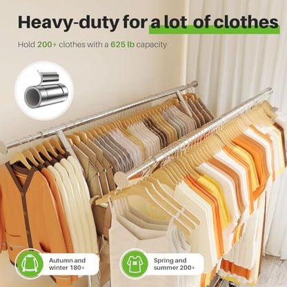 HOKEEPER Heavy Duty Clothes Rack Load 635 LBS, Double Rod with Metal Basket | Adjustable Clothing Rack, Rolling Garment Rack with Wheels for Bedroom, Living Room, Large Storage Space, 21.6"Dx71"Wx68"H - color: Silver