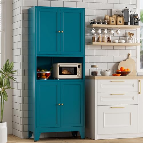Bevivog Tall Pantry Cabinet with Microwave Shelf, 69" Metal Storage Cabinet with 4 Doors and Adjustable Shelves,Freestanding Metal Kitchen Hutch Cabinet, Blue Pantry Closet Storage Shelves with Doors - color: Blue, size: 69"H-4 door