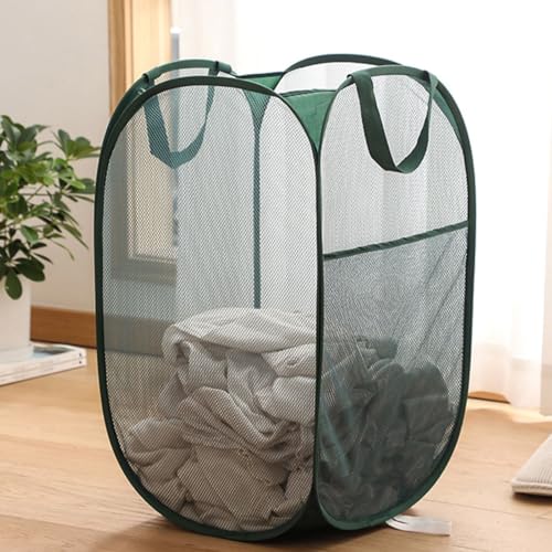 Pop Up Laundry Hamper Thick Mesh Collapsible Laundry Baskets, Large Side Pocket, Strong Handles, Travel Friendly for Cruise, RV (Green+Pink) - color: Green+Pink