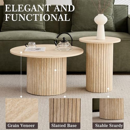 Round Nesting Coffee Table Set of 2 Mid Century Modern Wood Round Coffee Tables with Flexible Small Boho Circle Side Table for Space Saving Living Room Comedor Home Office Bedroom(Beige) - color: 2pcs Beige