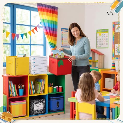 Crtiin 6 Pcs 11in Notebook Pencil Crayon Fabric Storage Bins Colorful Cubby Baskets with Handles Classroom Collapsible Cube Bins for Classroom Daycare Preschool Elementary Must Have (Stationery) - style: Stationery