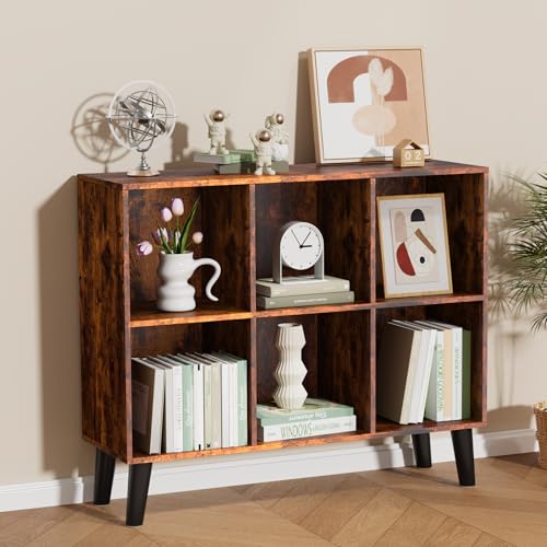 6 Cube Storage Organizer with Legs, 3 Tier Cube Low Bookcase Freestanding Storage Display Organizer for Home Office, Three-Cubes Open Shelf Bookshelf (Retro Brown, 6 Cube Horizontal) - color: Retro Brown, size: 6 Cube Horizontal