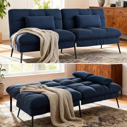 COMHOMA 72″ Convertible Futon Sofa Bed, Adjustable Backrest, Blue | Breathable Fabric Futon Couch with Pillows,Multi-angle Ergonomic Reclining,Space-saving Sleeper Sofa for Living Room - color: Blue