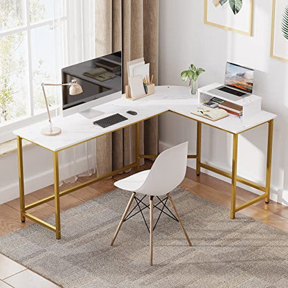 L Shaped Computer Desk with Monitor Stand Reversible White and Gold | Reversible Modern Corner Desk for Home Office Sturdy PC Workstation Study Writing Table