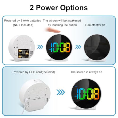 Lafocuse LED Colorful Digital Alarm Clock Battery Operated, Modern Round Digital Clock with 2 Alarms, Snooze, Adjustable Brightness, Curved Screen Design Bedside Alarm Clock for Bedroom Office - color: Multicolor