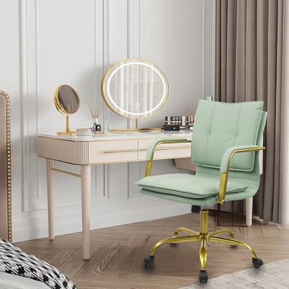 CLATINA Leather Home Office Desk Chairs, Swivel Mid-Back Computer Chair with Golden Legs and Arms, Comfy Upholstered Task Chair with Wheels, Green - color: Green