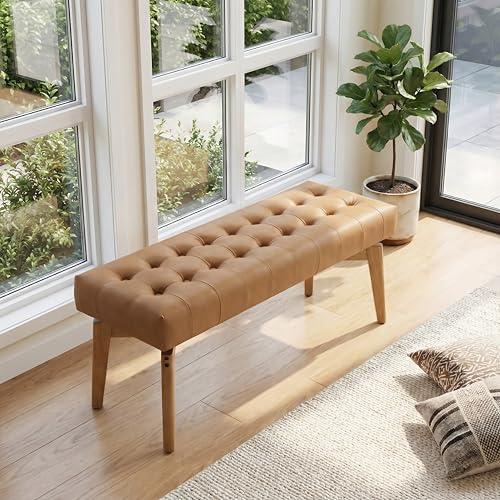 HNY Brown PU Leather Upholstered Bench,45.5 Wood Window Bench | Entryway Bench Storage Bench Bedroom Bench Modern Tufted Floating Design Seat for Living Room Indoor Hallway - color: Brown Pu