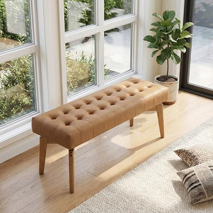 HNY Brown PU Leather Upholstered Bench,45.5 Wood Window Bench | Entryway Bench Storage Bench Bedroom Bench Modern Tufted Floating Design Seat for Living Room Indoor Hallway - color: Brown Pu