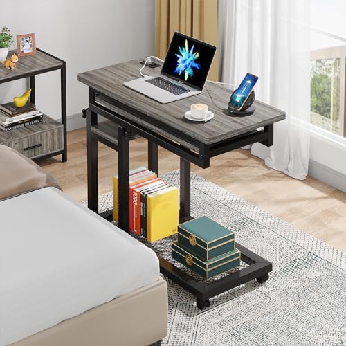 Tribesigns Small Portable Desk with Power Outlet, Height Adjustable Sofa Couch Bedside Laptop Table with Wheels, Mobile Standing Desk Rolling Computer Cart C Side Table with USB Ports - color: Grey