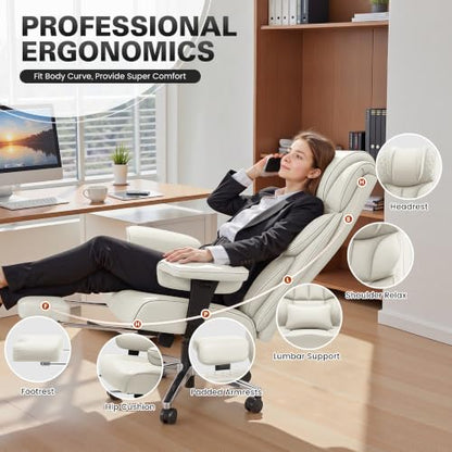 BestGlory Office Desk Chair, Big and Tall Leather Gaming Chair with Footrest, Ergonomic Comfy Executive High-Back Reclining Computer Chairs, Wide Swivel Rolling Wheels and Padded Lumbar Support, White - color: White, style: 3 Position Reclining