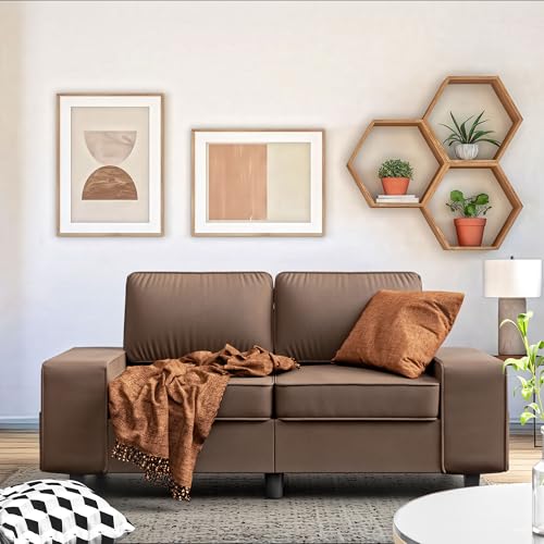 71" Small Loveseat Couch, 2 Seater Leathaire Sofa with 4 Side Pockets, Removable and Washable Cushions, Living Room，Apartment, Office (Coffee) - color: Coffee Leathaire, size: 71 "