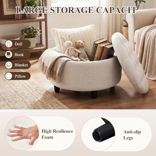 COLAMY Round Hidden Storage Ottoman with Reversible Tray Lid – Multi-Functional Footrest, Sturdy & Stylish Fabric Coffee Table for Living Room, Bedroom, or Entryway, Beige - color: Beige