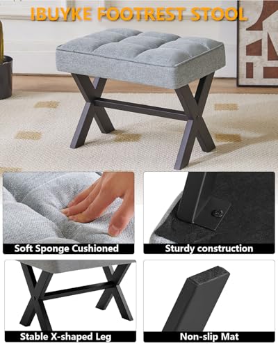 IBUYKE Small 12" H Footrest, Square Linen Step Stool, Blue Gray WBD011L | Foot Stool Metal X-Leg Multi-Use Small Side Table Living Room Bedroom Entryway Office - color: Blue Grey, size: 12.2"-Linen