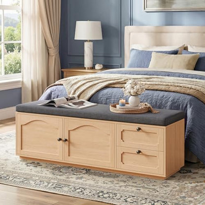 59" Storage Bench with Drawer, 2-Tier Shoe Bench with Doors, Long Entryway Bench, Thickened Cushion, Adjustable Shelf, Recessed Design for Entryway, Bedroom, Living Room, Natural