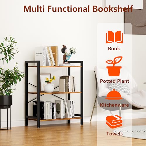 3 Tier Bookshelf,Storage Shelf with Steel Frame,Free Standing Open Book Shelves Storage Display Shelf - size: 3 Tier