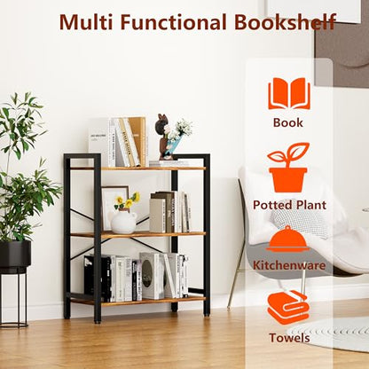 3 Tier Bookshelf,Storage Shelf with Steel Frame,Free Standing Open Book Shelves Storage Display Shelf - size: 3 Tier