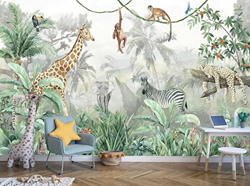 Reyhui Kids Wallpaper Tropical Leves and Safari Animals | 108"x75" Not Peel and Stick Wall Mural for Wall Bedroom Living Room TV Background Sofa Wall - color: MURAL-013, size: 108" x 75"