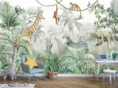 Reyhui Kids Wallpaper Tropical Leves and Safari Animals | 108"x75" Not Peel and Stick Wall Mural for Wall Bedroom Living Room TV Background Sofa Wall - color: MURAL-013, size: 108" x 75"