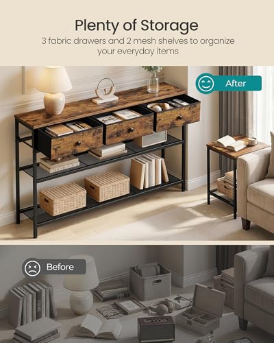SONGMICS Console Table, Narrow Sofa Table with 2 Mesh Shelves | For Entryway, Living Room, 3 Fabric Drawers, Rustic Brown, BELLAH Collection ULGS014K101 - color: Rustic Brown, size: 11.8"D x 44.8"W x 31"H (3 Drawers)