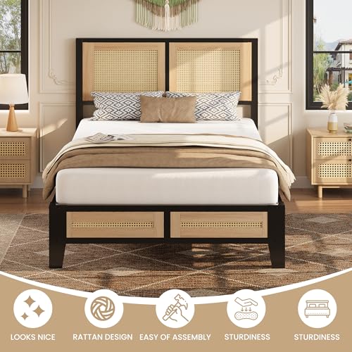 LIKIMIO Twin Rattan Bed Frame with Headboard, Boho Metal Platform Bed | Rattan headboard, 650 lb support, metal slats, EVA pads, 9.8-inch underbed clearance, no box spring needed. - size: Twin