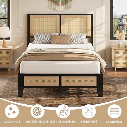 LIKIMIO Twin Rattan Bed Frame with Headboard, Boho Metal Platform Bed | Rattan headboard, 650 lb support, metal slats, EVA pads, 9.8-inch underbed clearance, no box spring needed. - size: Twin