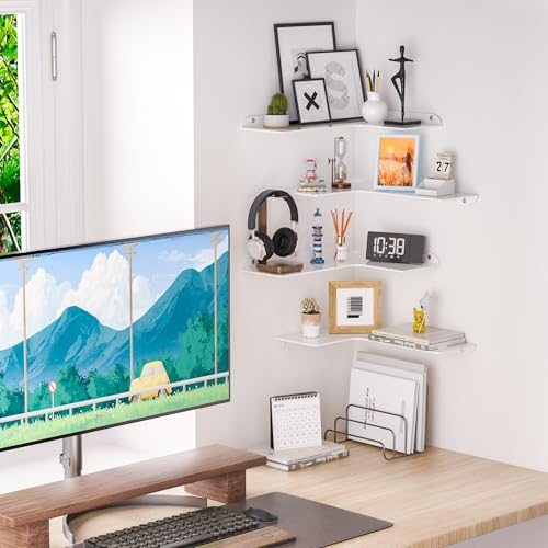 Sezanrpt 11.4x16 Inch Acrylic Corner Floating Shelf Set of 4, White Corner Wall Shelf for Home Décor, Speakers, Security Cameras, Toileries, Plants, Figures, Cosmetics, Books - color: White, size: 11.4x16 Inch