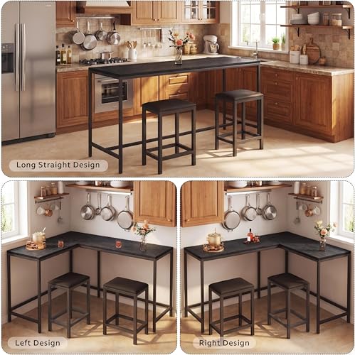 Bar Table and Chairs Set, 63'' L-Shaped Bar Table with 2 Stools, Counter Height Kitchen Table with Built-in Power Outlets, Left/Right/Straight Convertible Design, Faux Leather Upholstered Seating - color: Black