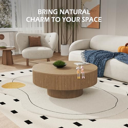 YOUDENOVA 31.5” Round Fluted Coffee Table, Modern Wood Circle Coffee Table, Veneer Handcrafted Relief Tea Table with Sturdy Pedestal for Living Room - Natural - color: 31" Natural-round