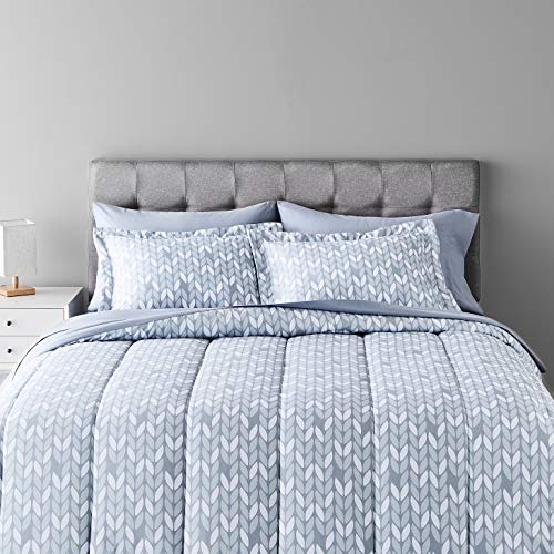 Amazon Basics Full/Queen Comforter Set with Herringbone Sheets, 7-Piece Gray Leaf Bedding, Lightweight Microfiber Bed-in-a-Bag - color: Gray Leaf, size: Full/Queen, style: 1-Pack