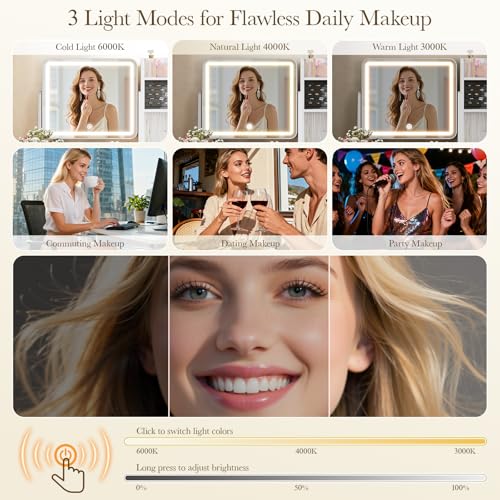 Fluted Makeup Vanity Desk with Mirror and Lights | Small Vanity with 3 Lighting Modes Adjustable Brightness, Jewelry Storage Cabinet and 2 Drawers, White - color: White