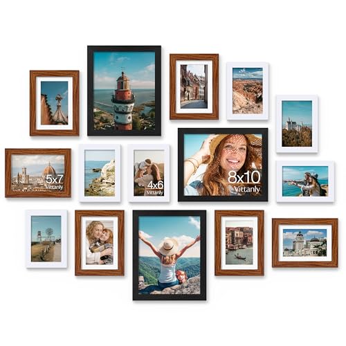 Vittanly 15 Pack Gallery Wall Frame Set, Black, Walnut Brown, White | Picture Frames Collage Wall Decor: 3pcs 8x10, 6pcs 5x7, 6pcs 4x6. Picture Frame Set for Wall or Tabletop Display - color: Black & Walnut Brown & White