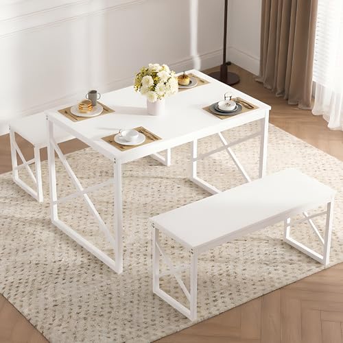 VECELO 43.3" Kitchen Dining Table Set for 4, Heavy-Duty Steel Frame & Wood-Grain Tabletop, Space-Saving Dinette Sets with 2 Benches for Breakfast Nook and Small Space, White - color: White, size: 43.3 Inch