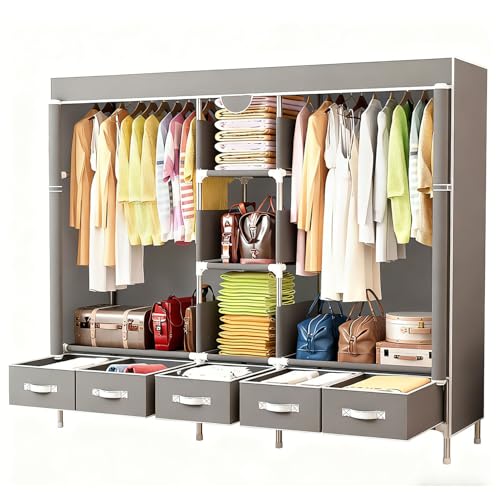 Portable Fabric Closet with 5 Drawers, 72.8x17.7x67.7 Inch Sturdy Clothing Storage Organizer with Hanging Rod, Non-Woven Wardrobe for Bedroom Dorm Apartment (Gray) - color: Grey