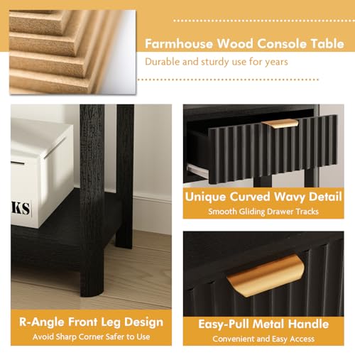 RUSTOWN Fluted Wood Console Table with 3 Drawers, 47.2" Boho Entryway Table | Narrow Behind Couch Sofa Table, Open Storage Shelf, Curved legs, 2 Tier Modern Farmhouse Hallway Table for Living Room, Foyer - color: Black
