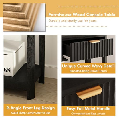 RUSTOWN Fluted Wood Console Table with 3 Drawers, 47.2" Boho Entryway Table | Narrow Behind Couch Sofa Table, Open Storage Shelf, Curved legs, 2 Tier Modern Farmhouse Hallway Table for Living Room, Foyer - color: Black