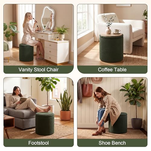 14.5" Small Ottoman with Storage, Teddy Velvet Foot Rest Stool with Reversible Wood Tray Lid, Round Storage Ottoman Coffee Table, Vanity Stool for Living Room, Olive Green - color: Olive Green