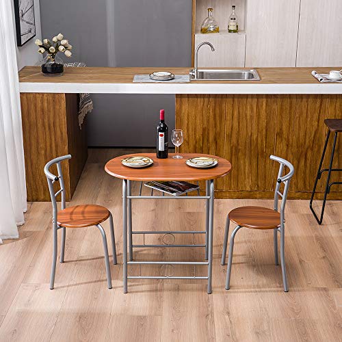 VINGLI 3 Piece Dining Set, Small Kitchen Table Set for 2, Breakfast Table Set, Kitchen Wooden Table with 2 Chairs for Small Space/Dining Room/Apartment, Metal Frame, Wine Rack, Russet - color: Russet
