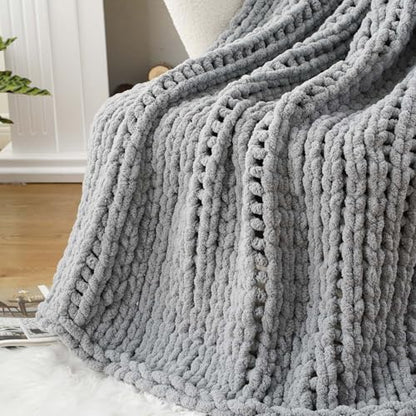 Chunky Knit Throw Blanket for Couch, Light Grey Throw Blanket 50"x60" | Knit Throw Blanket, Soft Thick Chunky Blanket, Hand Made Gray Knitted Throw Blanket for Bed Sofa Living Room - color: Light Grey