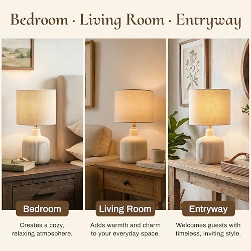 Ceramic Table Lamp, Off-White, 17.75" | Rustic Farmhouse, Beige Linen Shade, Warm Ambient Lighting, Bedside Nightstand - color: Off-White