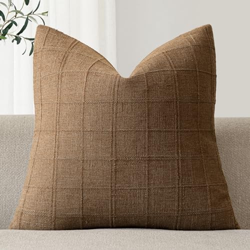 Foindtower Set of 1 Decorative Linen Check Throw Pillow Cover Neutral Farmhouse Vintage Cushion Cover Modern Boho Home Decor for Sofa Chair Couch Bedroom Living Room Outdoor,16×16 Inch,Brown Hazel - color: Brown Sugar, size: 16" x 16" (Pack of 1)