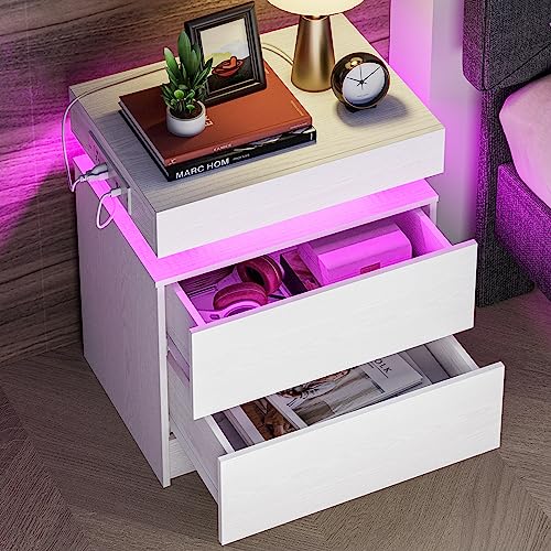 LIKIMIO Nightstand with Charging Station LED Light and 2 Drawers White | bedside table; end table; charging station; LED light; 2 drawers; White wood grain; small spaces - color: White