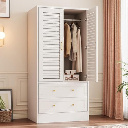 65" White Wooden Storage Cabinet, Freestanding Storage Cabinet with 2 Doors, 2 Drawers & Hanging Rod for Bedroom, Cloakroom, Laundry Room & Entrance Hall, White