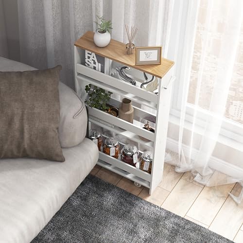 MAT EXPERT Slim Rolling Storage Cart, 4-Tier Freestanding Slim Storage Cart with Wheels 360 Degree & Metal Handle, Wooden Utility Cart for Narrow Kitchen, Laundry Room, Bathroom (White + Natural) - color: White + Natural