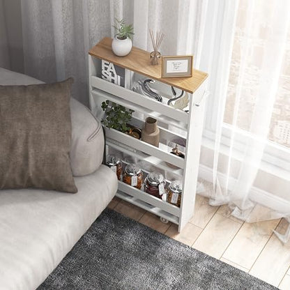 MAT EXPERT Slim Rolling Storage Cart, 4-Tier Freestanding Slim Storage Cart with Wheels 360 Degree & Metal Handle, Wooden Utility Cart for Narrow Kitchen, Laundry Room, Bathroom (White + Natural) - color: White + Natural