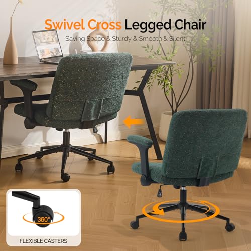 VINGLI Criss Cross Chair with Adjustable Flip-Up Arms,Cross Legged Chair with Wheels,Extra Wide Office Chair,Desk Chair for Home,Office,Vanity,Bedroom,Apartment,Starry Chenille,Dark Green - color: Dark Green