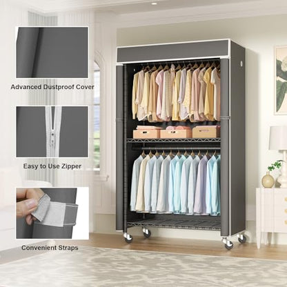 Black Clothing Rack with Dark Gray Cover, P1C Rolling Closets | Metal Garment Rack for Hanging Clothes, Clothing Storage Wardrobe, with Wheels - color: Black Rack With Dark Gray Cover