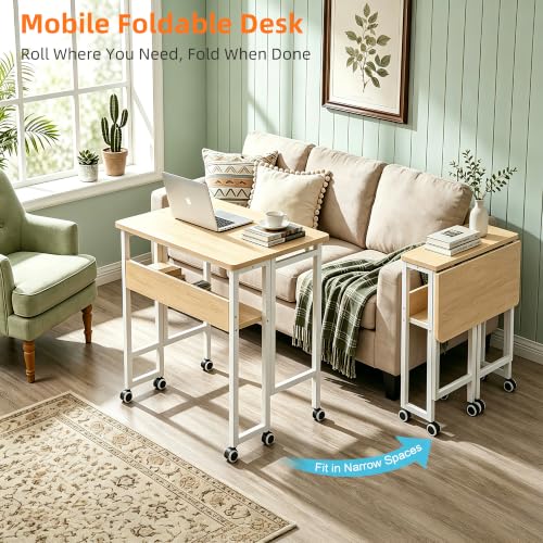 VECELO Folding Desk with Upgraded Wheels, 24.8 Inch Rolling Computer Table with Storage Shelf, Space Saving Sofa Table, Portable Mobile Workstation Small Spaces, Easy Assembly, Light Oak - color: Light Oak