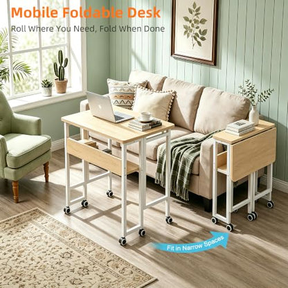 VECELO Folding Desk with Upgraded Wheels, 24.8 Inch Rolling Computer Table with Storage Shelf, Space Saving Sofa Table, Portable Mobile Workstation Small Spaces, Easy Assembly, Light Oak - color: Light Oak